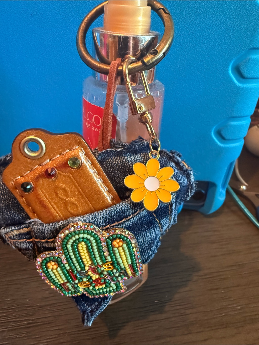 Upcycled Denim Bag Charm With Beaded Cactus Accent - Blue
